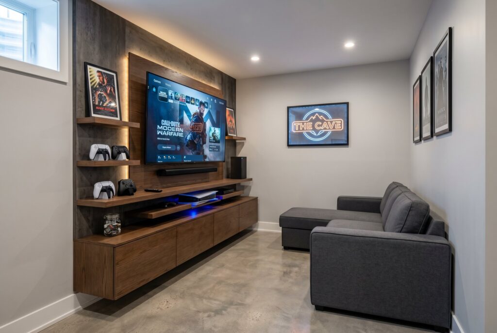 One wall floating media center with built in storage, gaming console display, and compact sectional.