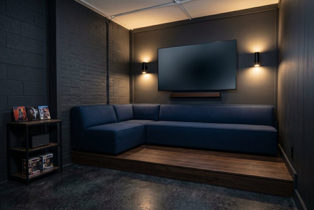 Wall hugging cinematic lounge with raised platform seating, mounted TV, and moody lighting.