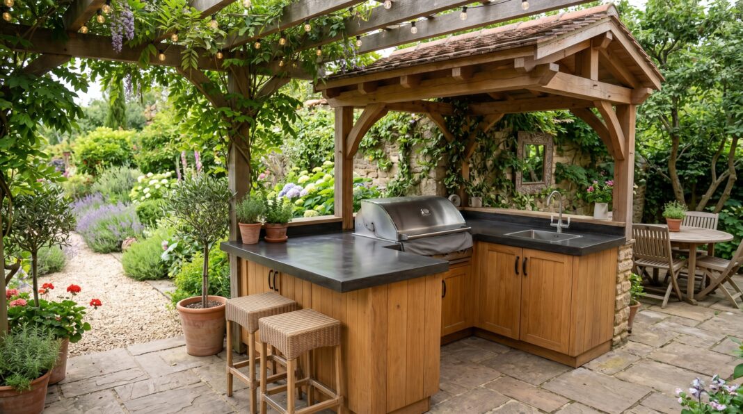 Compact outdoor kitchen with L shaped cabinetry, built in grill, and tropical garden surroundings.