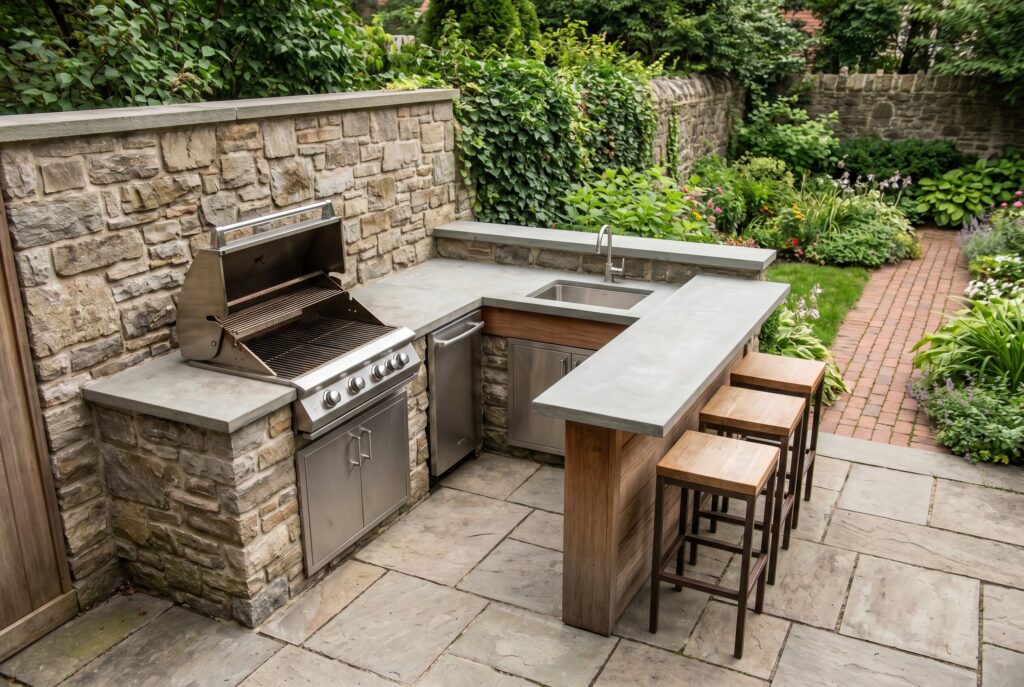 Narrow side yard outdoor kitchen with grill station, open shelving, and corridor layout.
