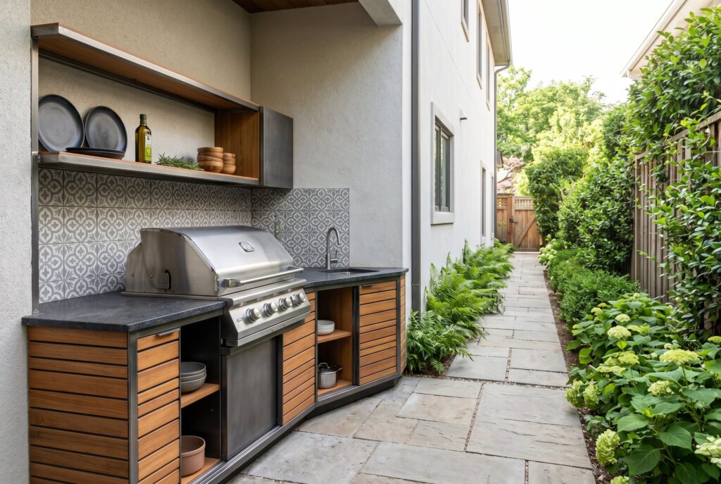 Compact square outdoor kitchen island with grill, prep surface, and wraparound seating.