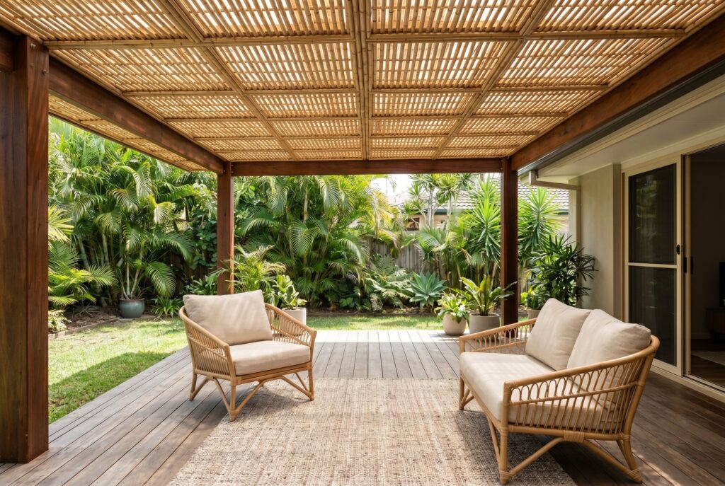 Woven bamboo and rattan patio cover with lounge seating and tropical outdoor styling. 