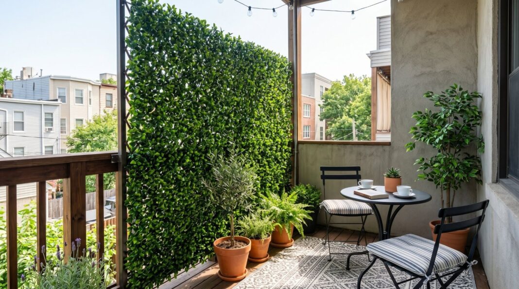 Small patio with vertical privacy hedge wall, potted plants, and compact outdoor seating area.