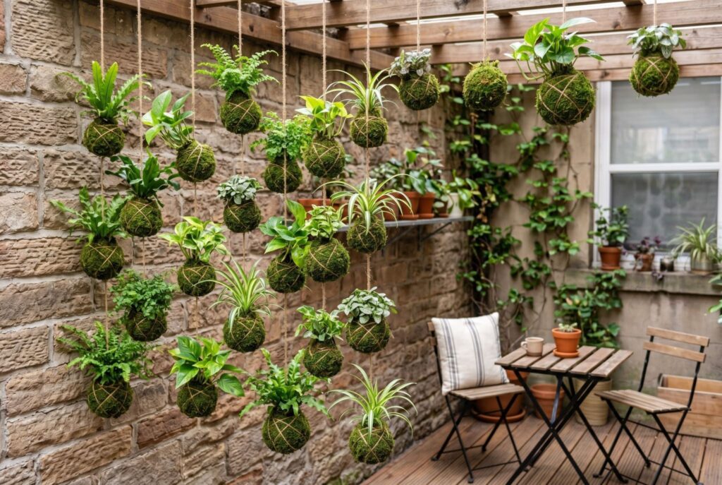 Floating kokedama moss ball garden suspended above small patio seating area. 