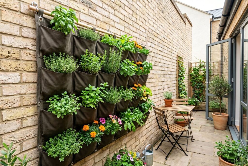 Pocket planter canvas wall filled with herbs and flowers on narrow patio. 
