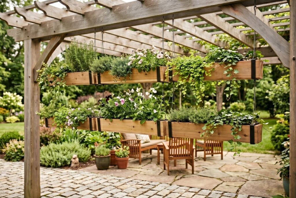 Pergola suspended planter troughs creating floating herb garden above outdoor dining area. 