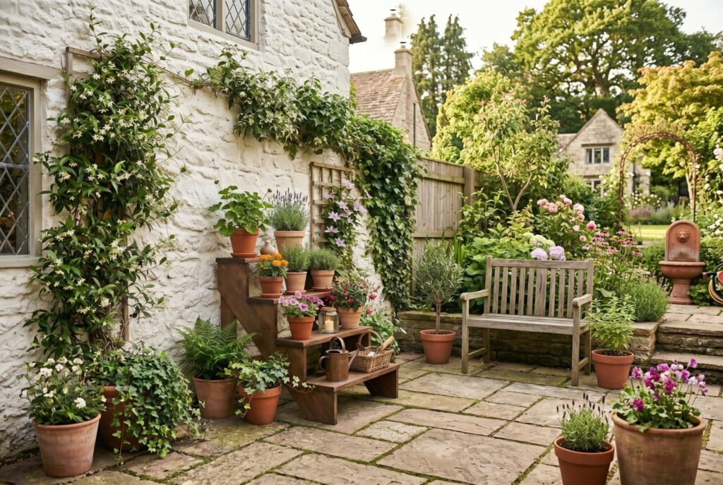 Stair step planter display with flowers and herbs in cottage style patio garden. 