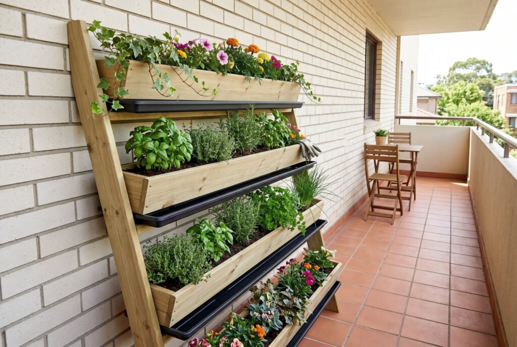 Wall leaning tiered trough planters with herbs and flowers on apartment balcony. 