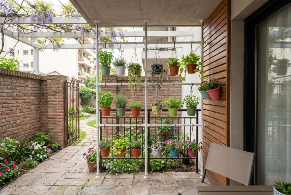 Tension rod plant hanger system with potted plants on apartment balcony patio. 