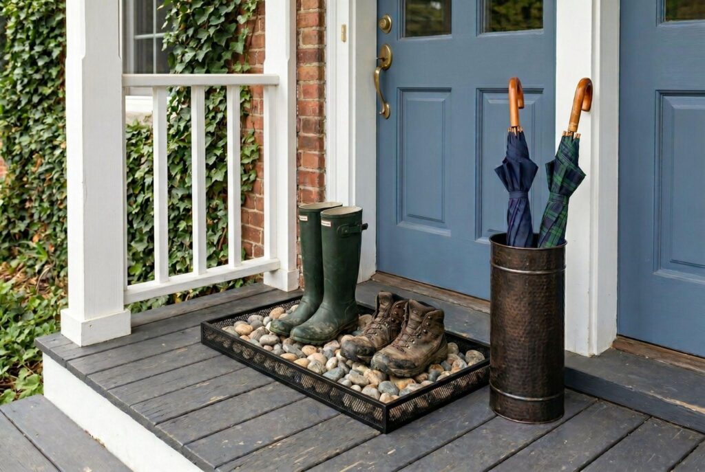 Boot tray with river rocks and umbrella stand creating practical front porch drop zone.
