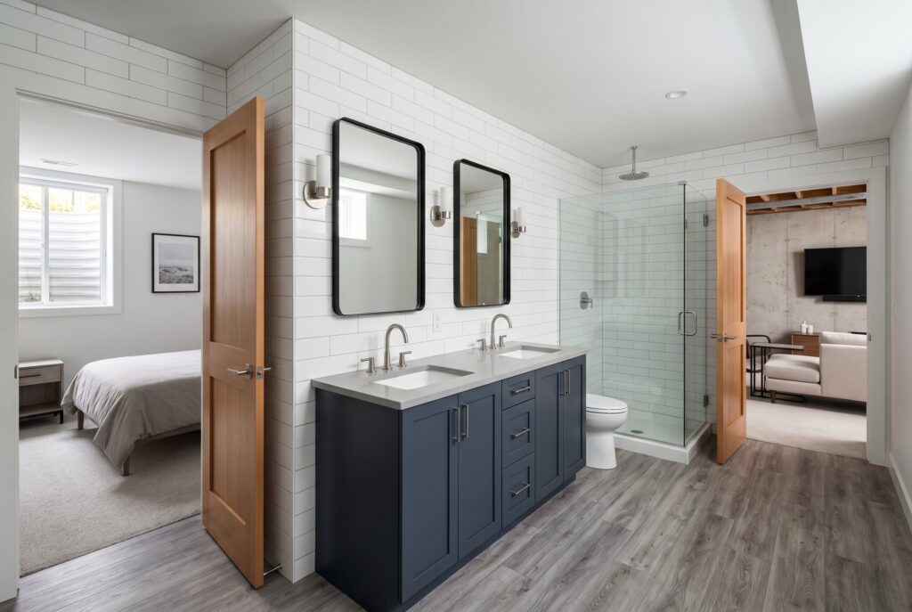 Jack and Jill basement bathroom connecting bedroom suite and entertainment area.