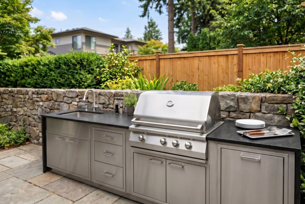 Straight line outdoor kitchen with built in grill, stone counters, and cabinet storage.