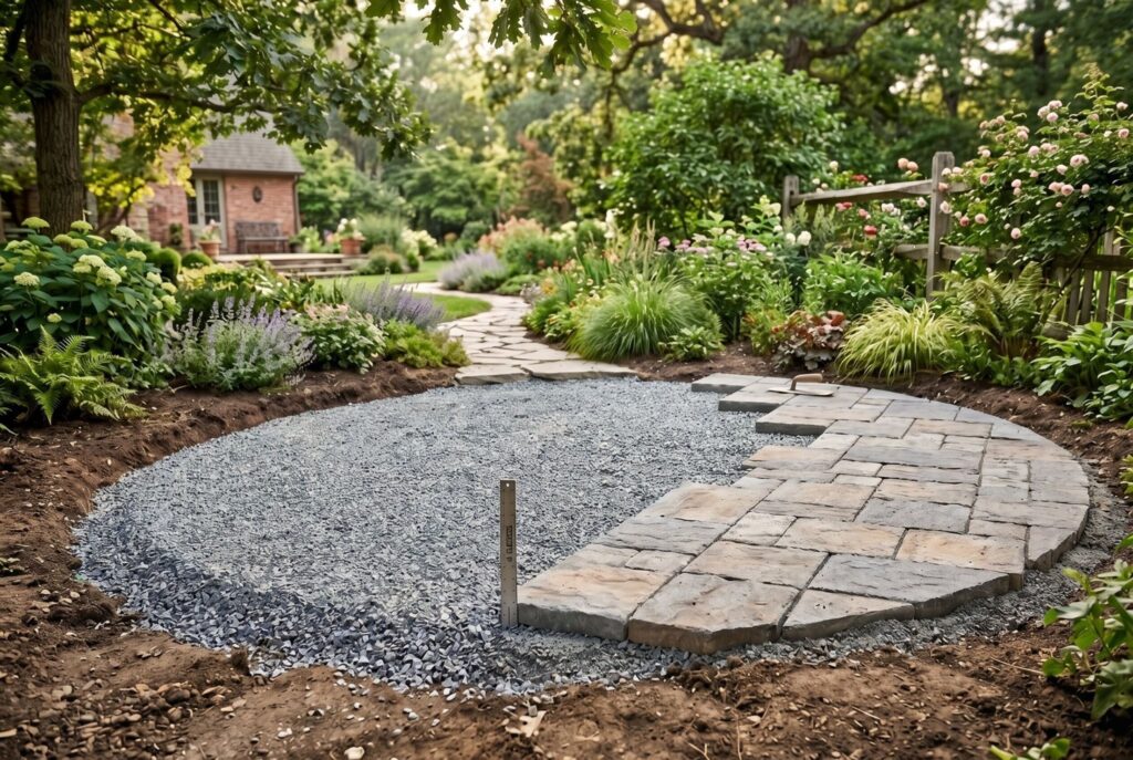 Crushed gravel patio foundation with pavers and curved backyard landscaping design. 