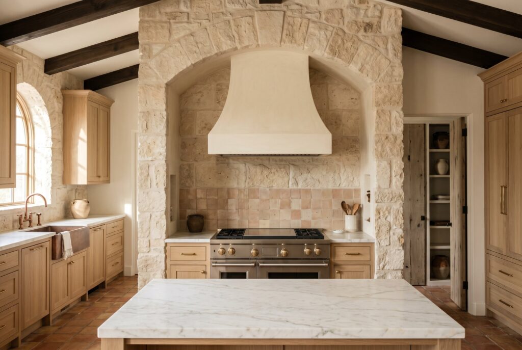 A Tuscan kitchen highlighting a streamlined, smooth plaster range hood framed by a rustic stone wall surround and light wood cabinetry.
