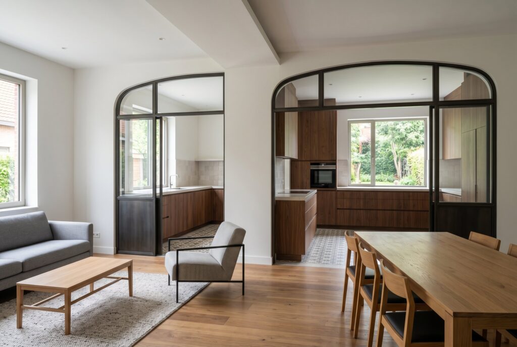 Arched broken plan kitchen opening with partial separation and dining connection.