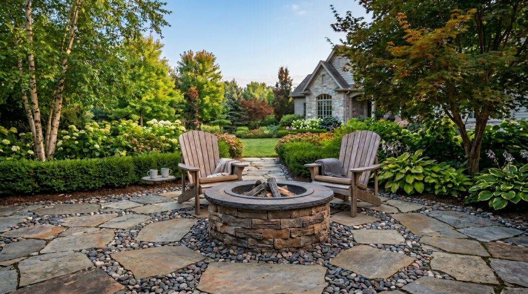 DIY smokeless fire pit with stone surround, Adirondack chairs, and landscaped backyard seating area.