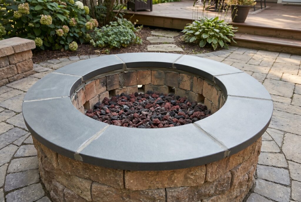 Finished smokeless fire pit with capstones, lava rock, and stone patio surround. 
