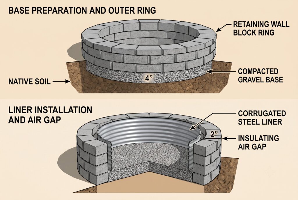 Dual wall smokeless fire pit diagram with steel liner, air gap, and masonry surround. 