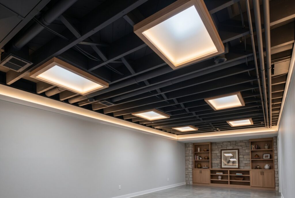 Floating faux skylight ceiling panels with LED lighting in modern basement lounge.