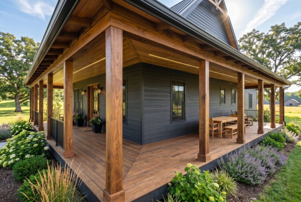 Dark siding contrasted with walnut porch posts on modern farmhouse wrap around porch. 