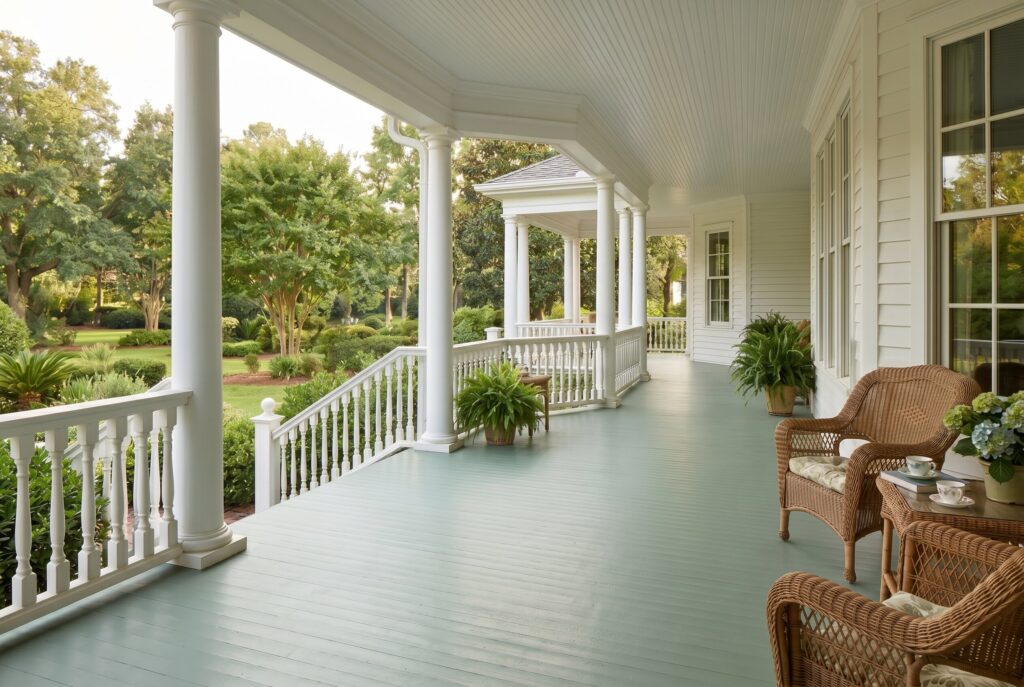 Painted porch floor in soft gray with white railings and wicker seating area. 