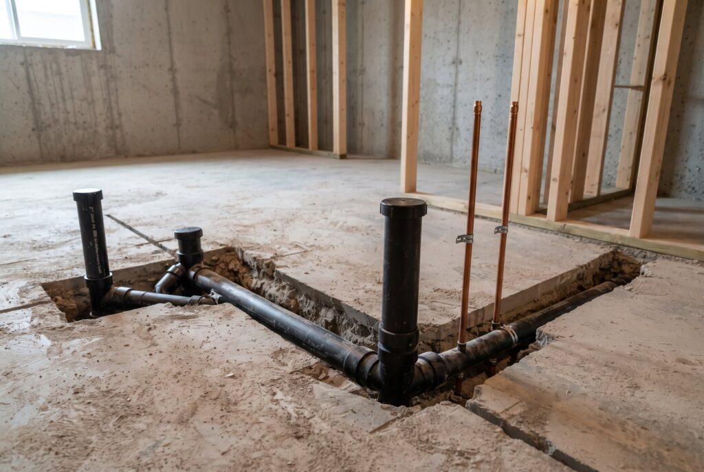 Basement rough in plumbing layout with toilet drain, supply lines, and unfinished concrete slab.
