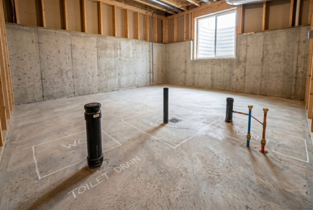 Basement rough in plumbing layout with toilet drain, supply lines, and unfinished concrete slab.
