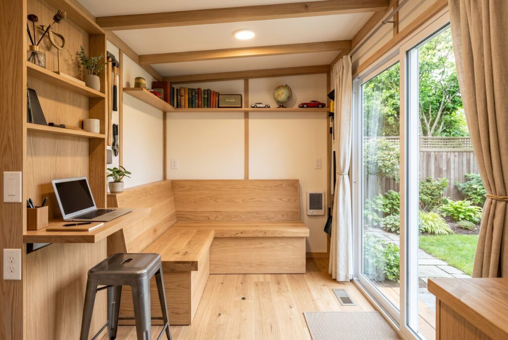 Compact backyard shed retreat with built in bench seating, desk nook, and sliding glass doors.