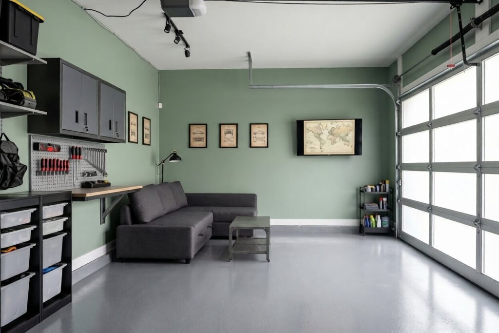 Single bay garage man cave with epoxy flooring, sage green walls, and lounge seating area.