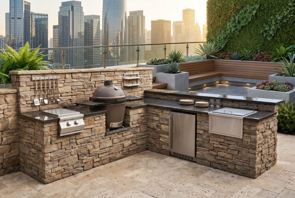 Outdoor kitchen island with bar seating, built in grill, and expansive serving counter.