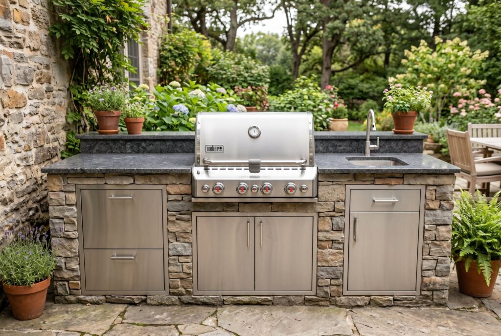Linear outdoor kitchen with grill, sink, and compact prep counters in a small footprint.
