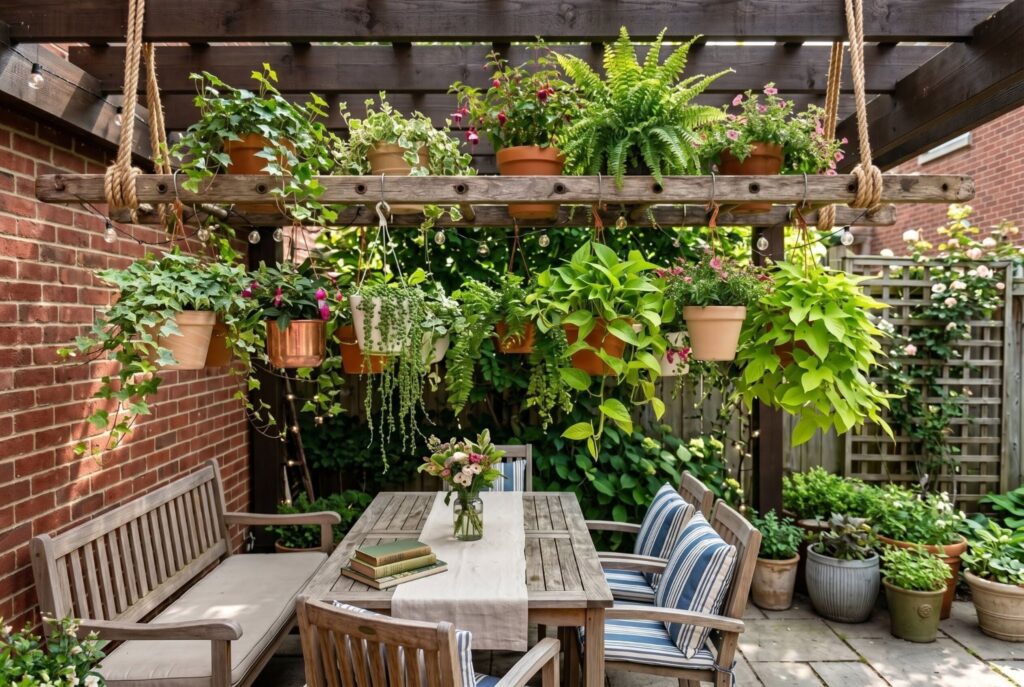 Suspended wooden ladder plant display above outdoor dining table and patio bench. 