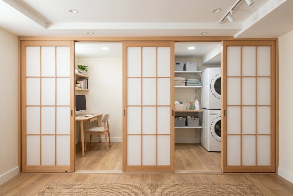 Sliding Japandi Shoji doors dividing basement zones while maintaining visual openness.