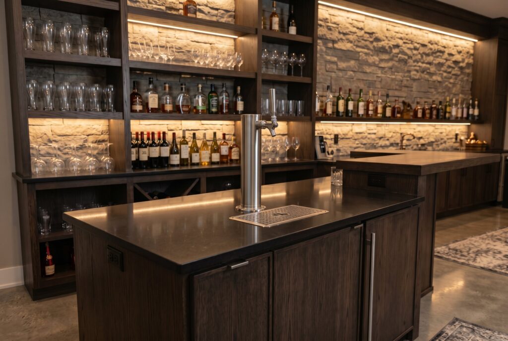 Built in kegerator concealed behind cabinetry with professional beer tap column. 
