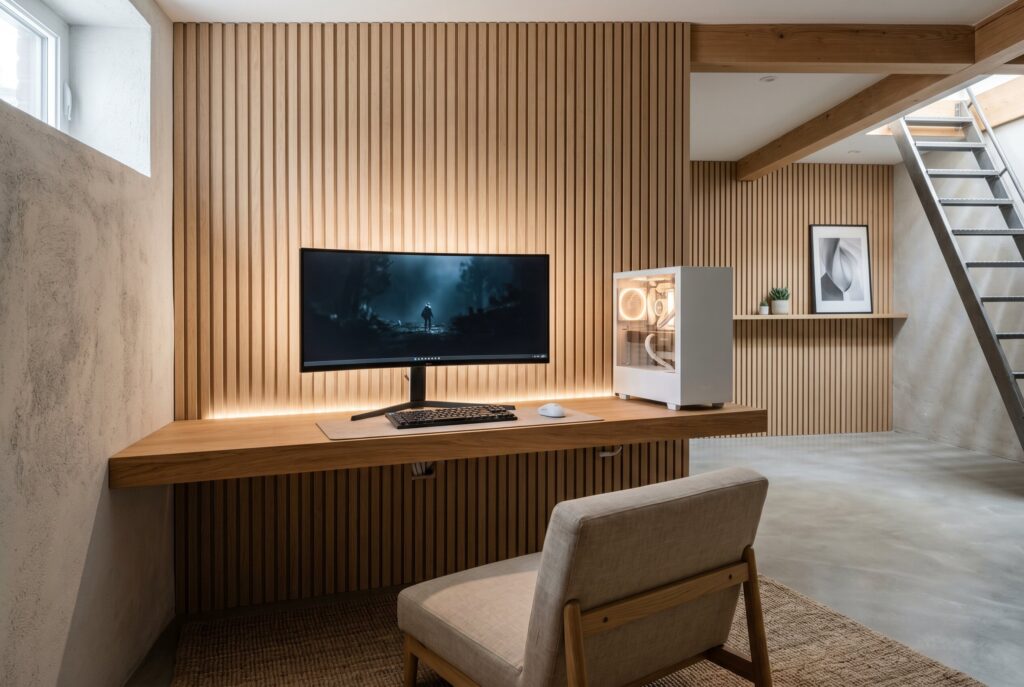 Japandi PC gaming nook with floating oak desk, wood slat wall, and concealed cable management.