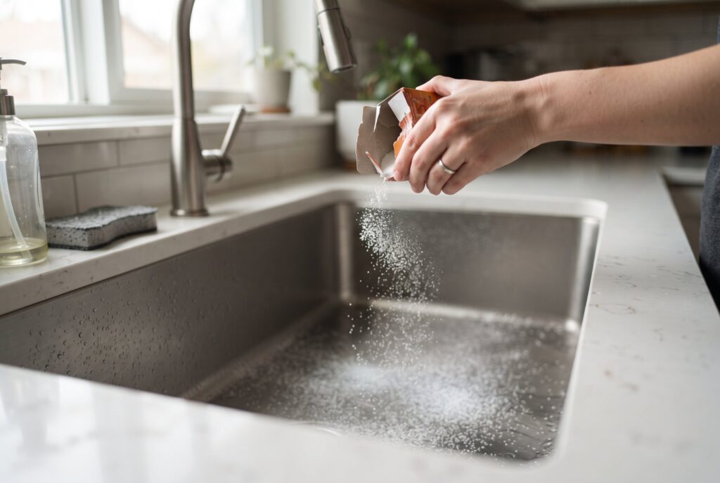 Illustration of a hand pouring a box of baking soda evenly into a stainless steel kitchen sink.