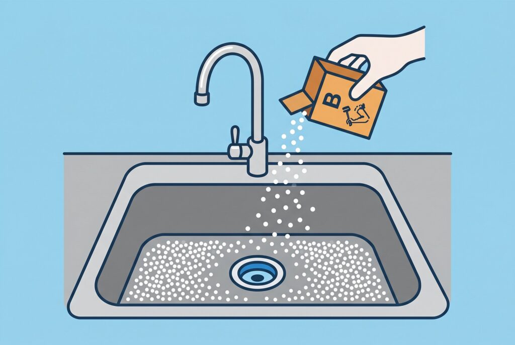 Illustration of a hand pouring a box of baking soda evenly into a stainless steel kitchen sink.