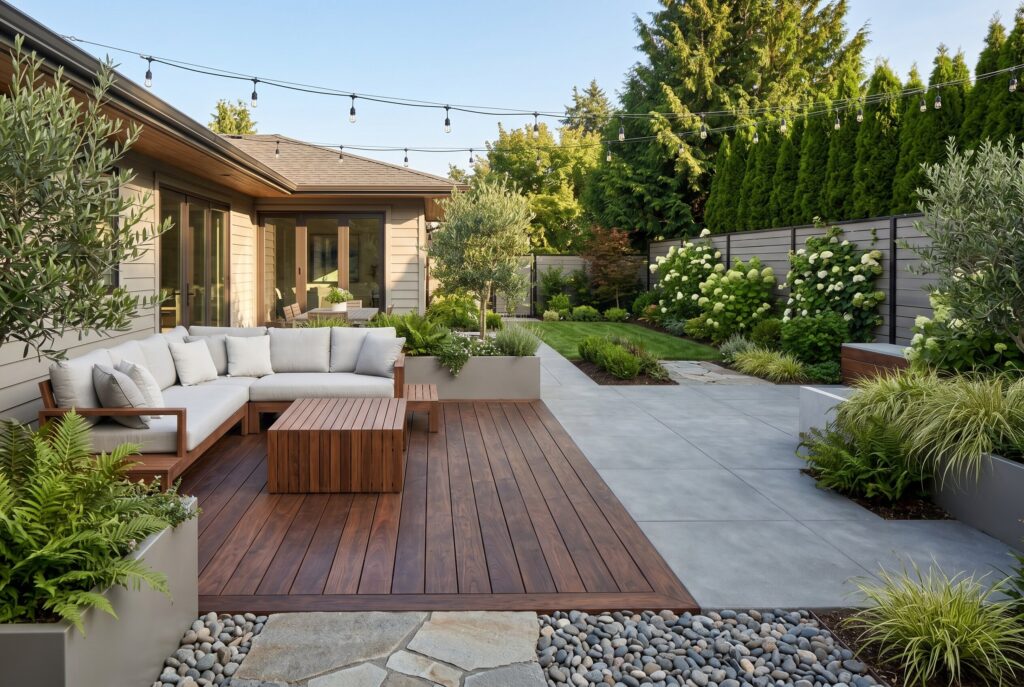 Walnut wood decking integrated with concrete patio and outdoor sectional seating.