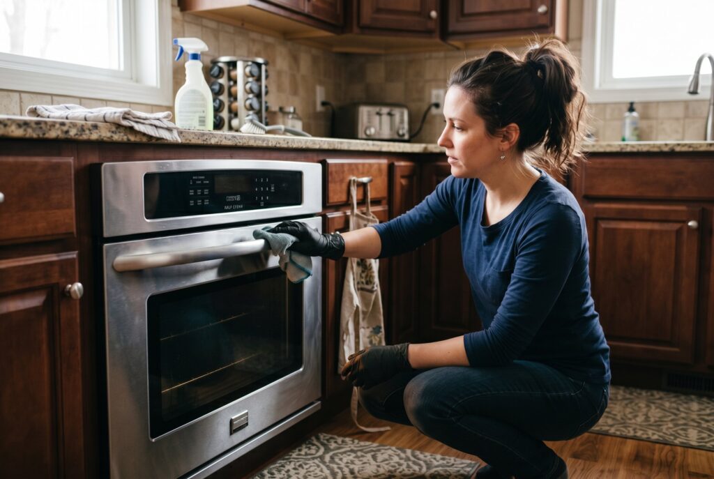 Woman in black rubber gloves opening a stainless steel oven door before applying commercial oven cleaner.