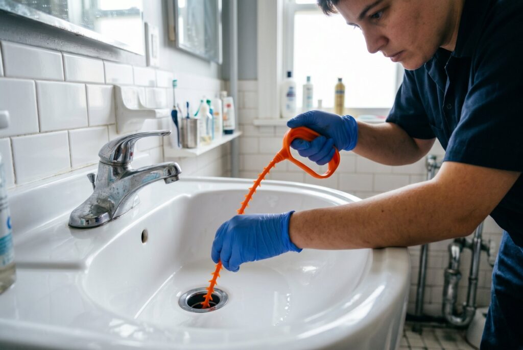 A person wearing blue gloves uses an orange plastic barbed drain snake to clean a bathroom sink.