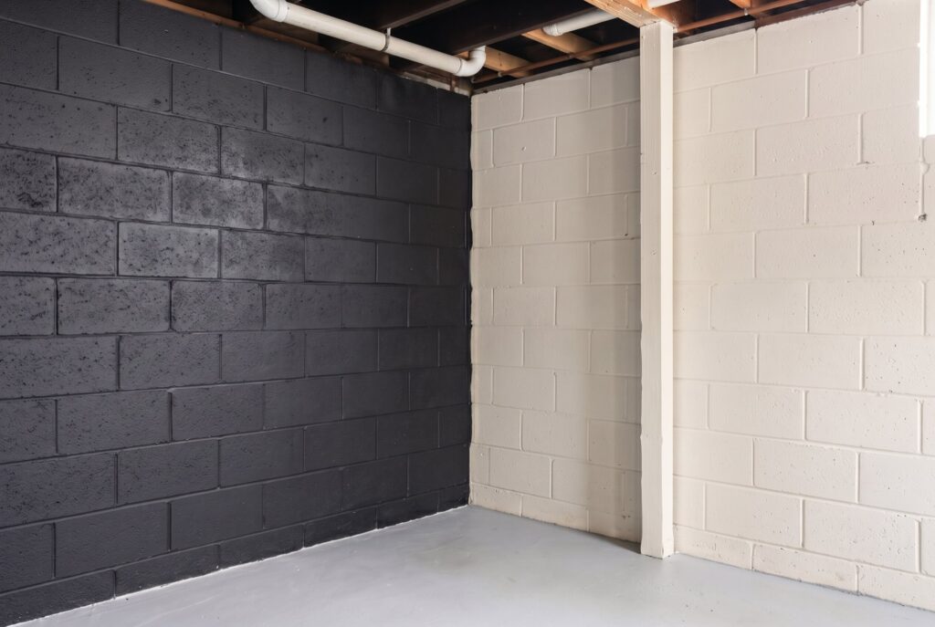 Painted concrete block basement walls in matte black and warm white finishes.