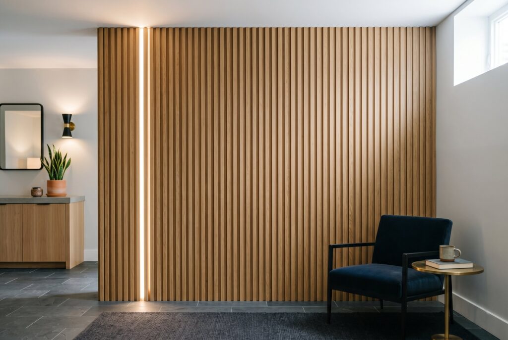 WPC wood look wall louvers with vertical texture in modern basement seating area. 