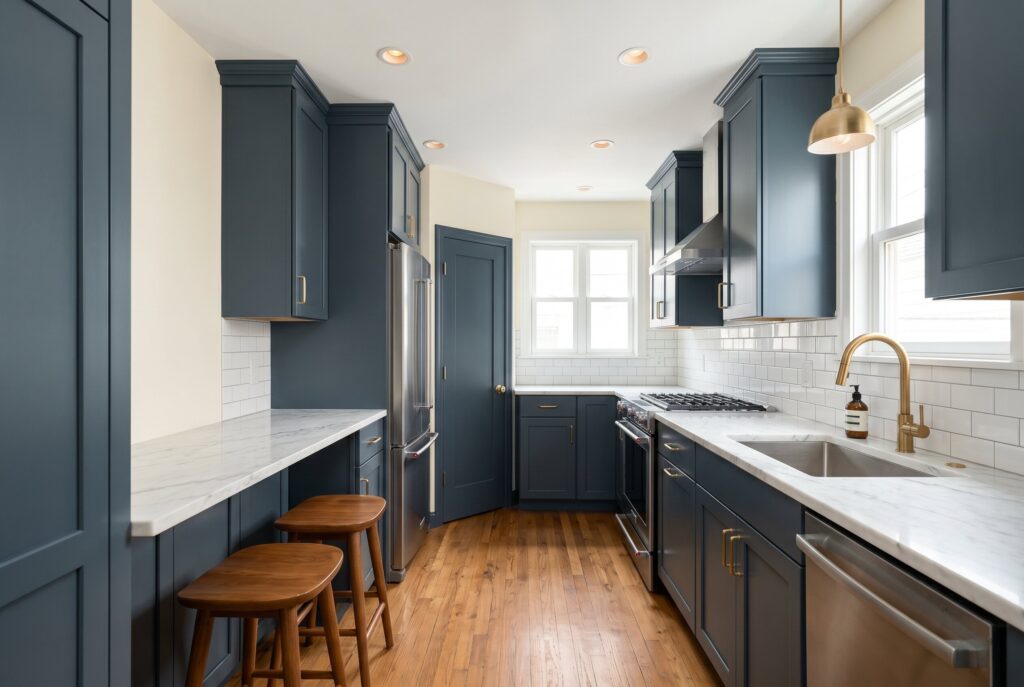Deep blue galley kitchen with brass hardware, white countertops, and abundant natural light.