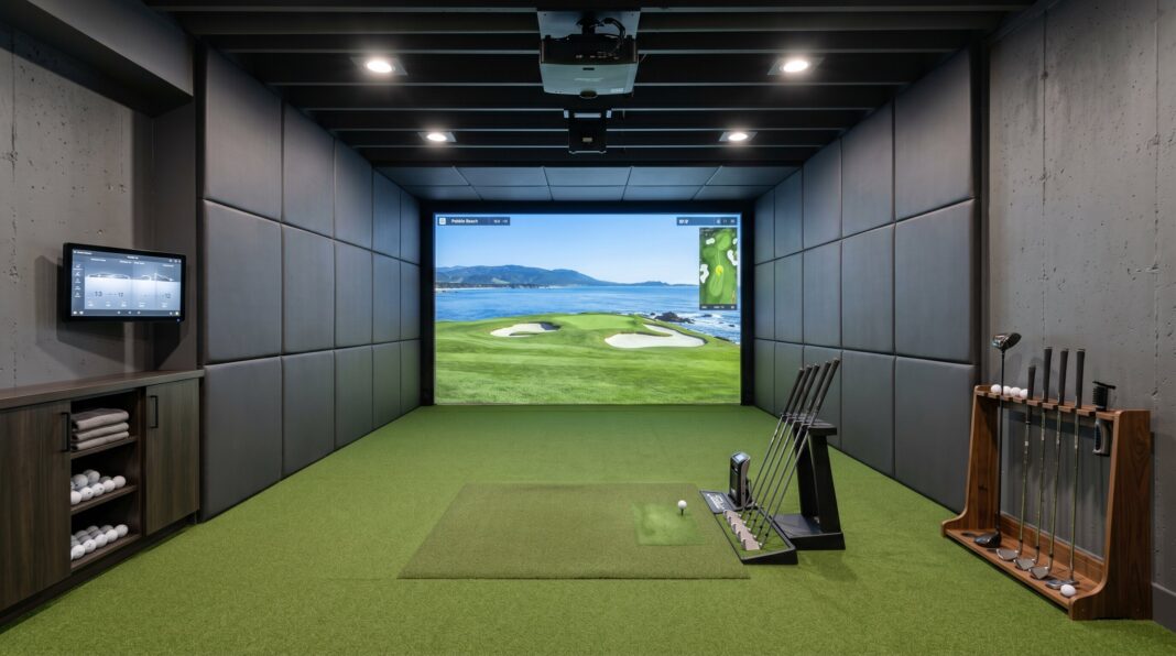 An indoor golf simulator room featuring a green turf floor, dark padded acoustic walls, a large projection screen displaying a virtual golf course, and a wooden rack holding golf clubs.