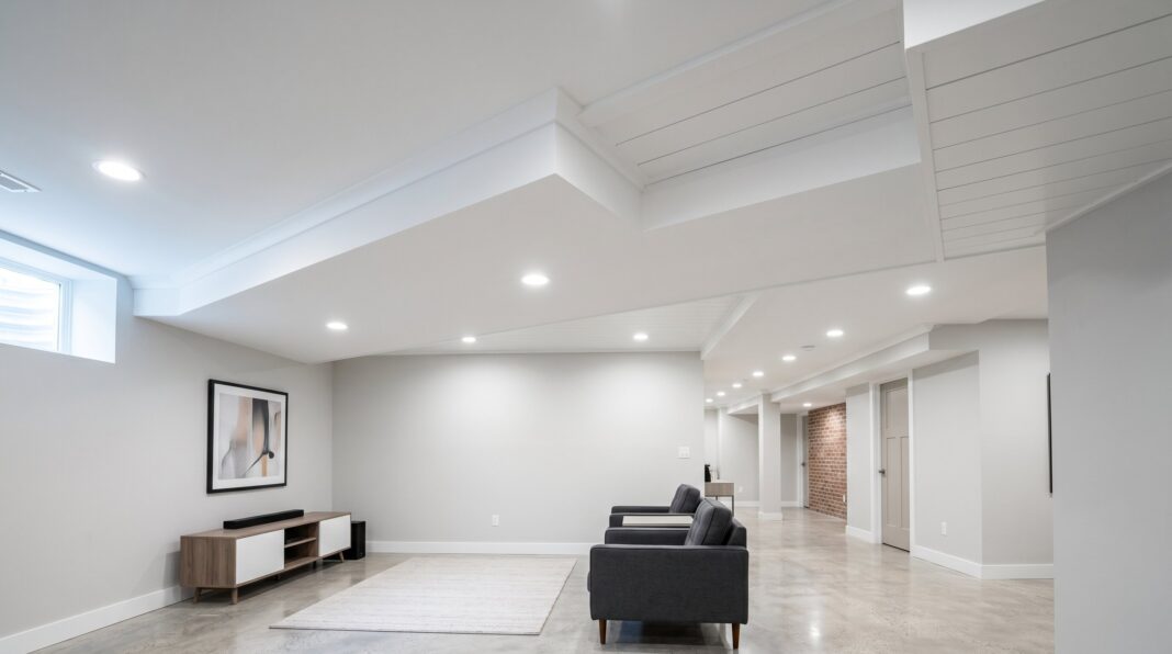 Finished basement with recessed ceiling panels, sectional seating, and modern neutral design.