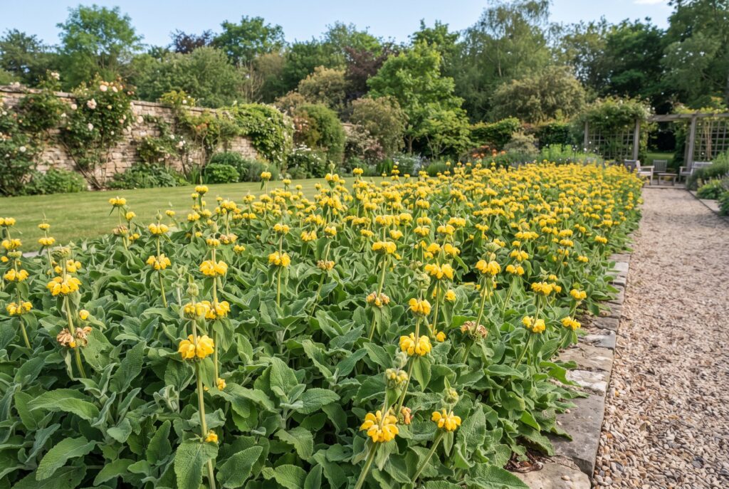 Phlomis acting as a bold living mulch with dense green foliage and yellow flowers.