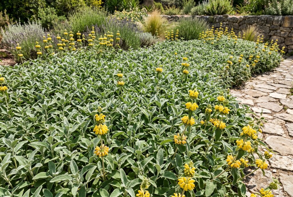 Phlomis acting as a bold living mulch with dense green foliage and yellow flowers.