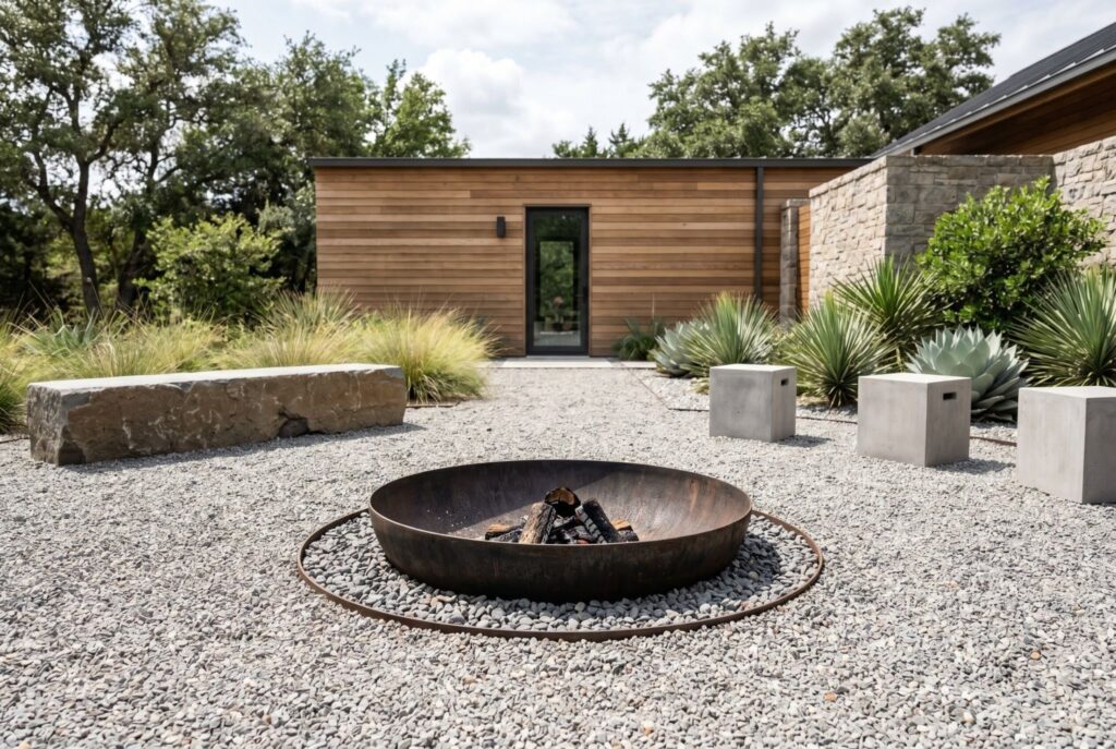 Minimalist gravel courtyard with recessed steel fire bowl and modern landscape design.