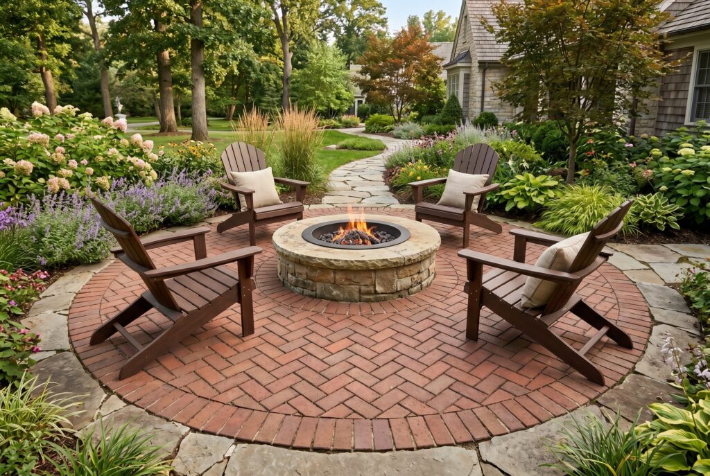 Herringbone brick fire pit patio with Adirondack chairs and cottage garden landscaping.