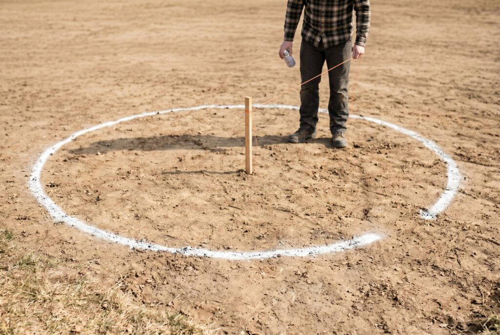 Marking circular in ground fire pit layout with stake, string line, and painted guide circle.